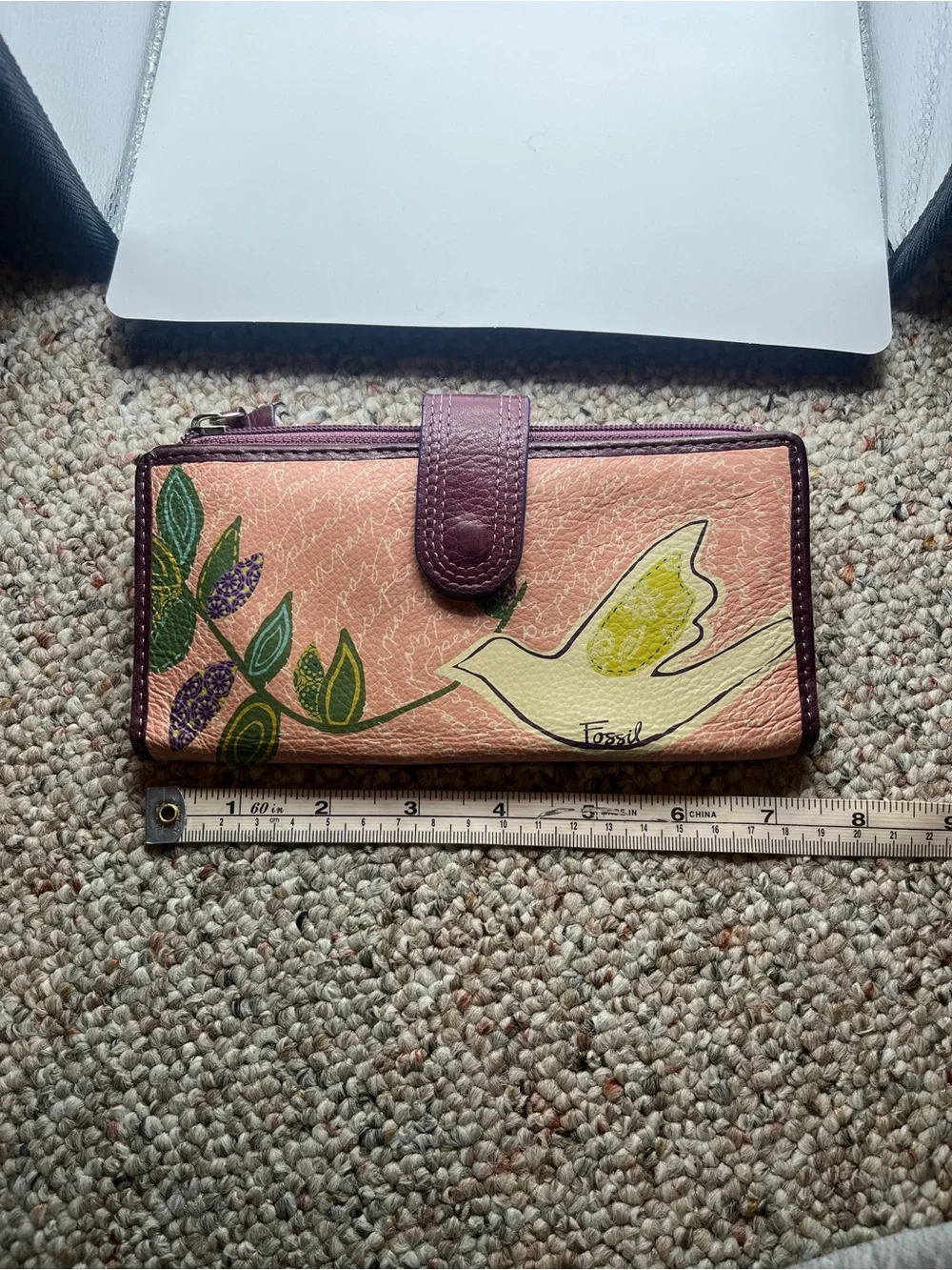 Fossil Pink Bird & Floral Leather Zip Wallet with Plum Trim